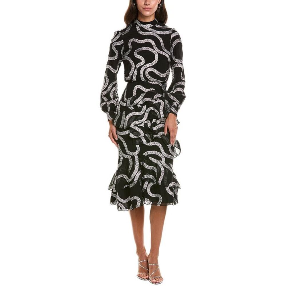 Saloni Womens  Isa Chains Jacquard Silk-Blend Midi Dress, Black